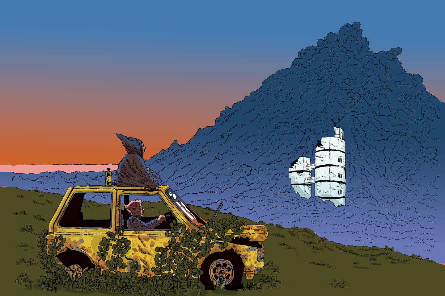 Illustration of a yellow car with a figure at the driver's wheel, a cloaked and hooded figure is on the top of the car with a bottle. The car appears long abandoned and has plants growing up the sides. The backdrop is a blue mountain and a white derelict looking building.