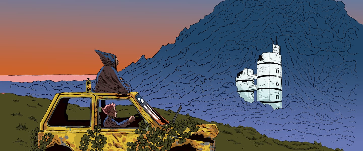 Illustration of a yellow car with a figure at the driver's wheel, a cloaked and hooded figure is on the top of the car with a bottle. The car appears long abandoned and has plants growing up the sides. The backdrop is a blue mountain and a white derelict looking building.